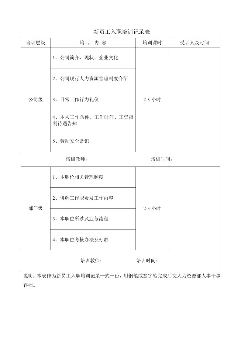 新员工入职培训记录表