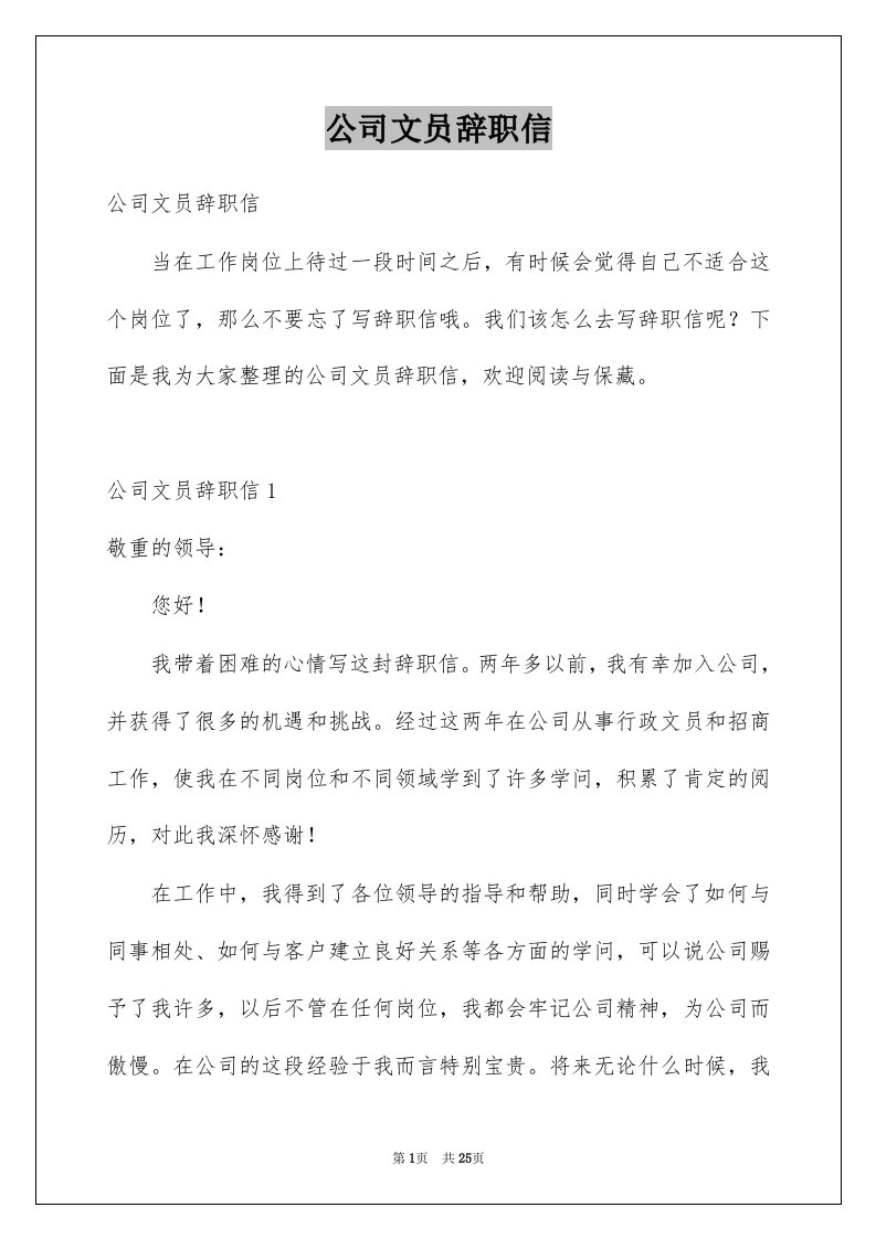 公司文员辞职信优质