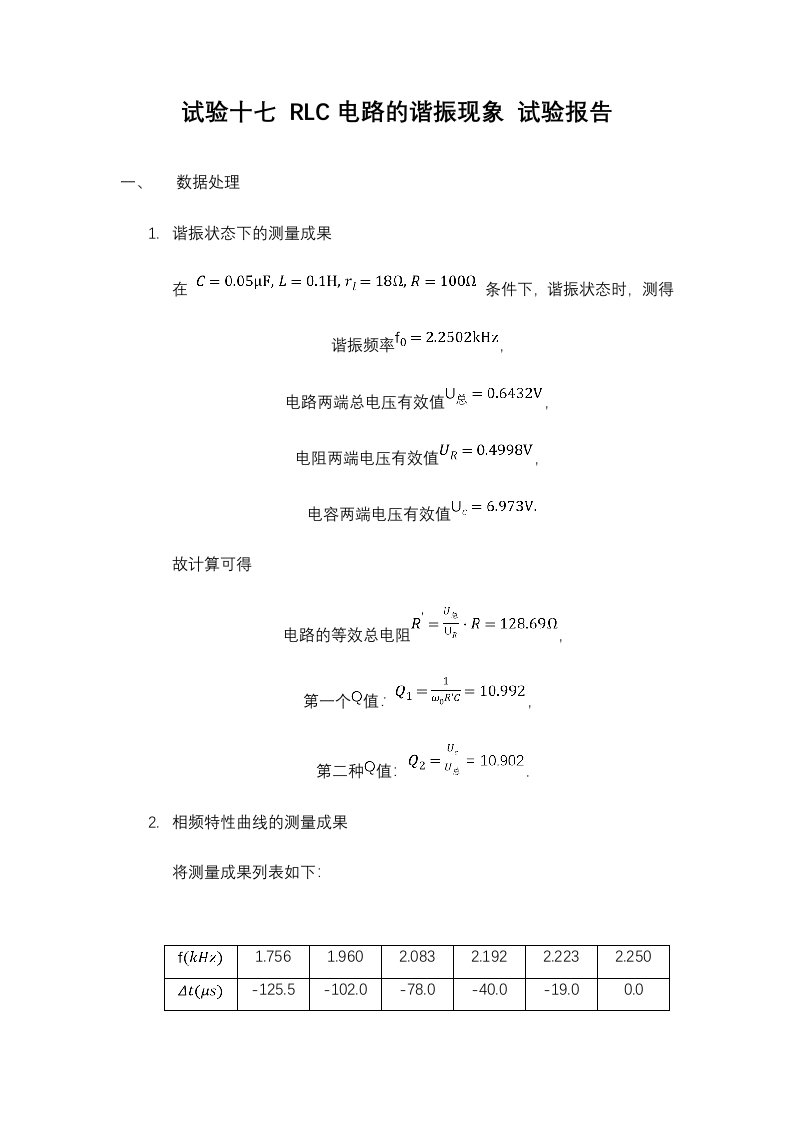 2024年实验十七RLC电路的谐振现象实验报告北大物理学院普物实验报告