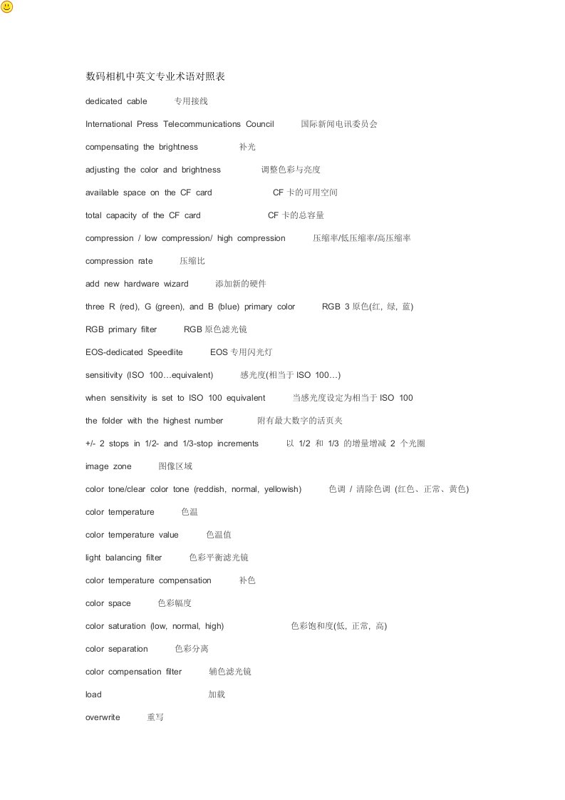 数码相机中英文专业术语对照表