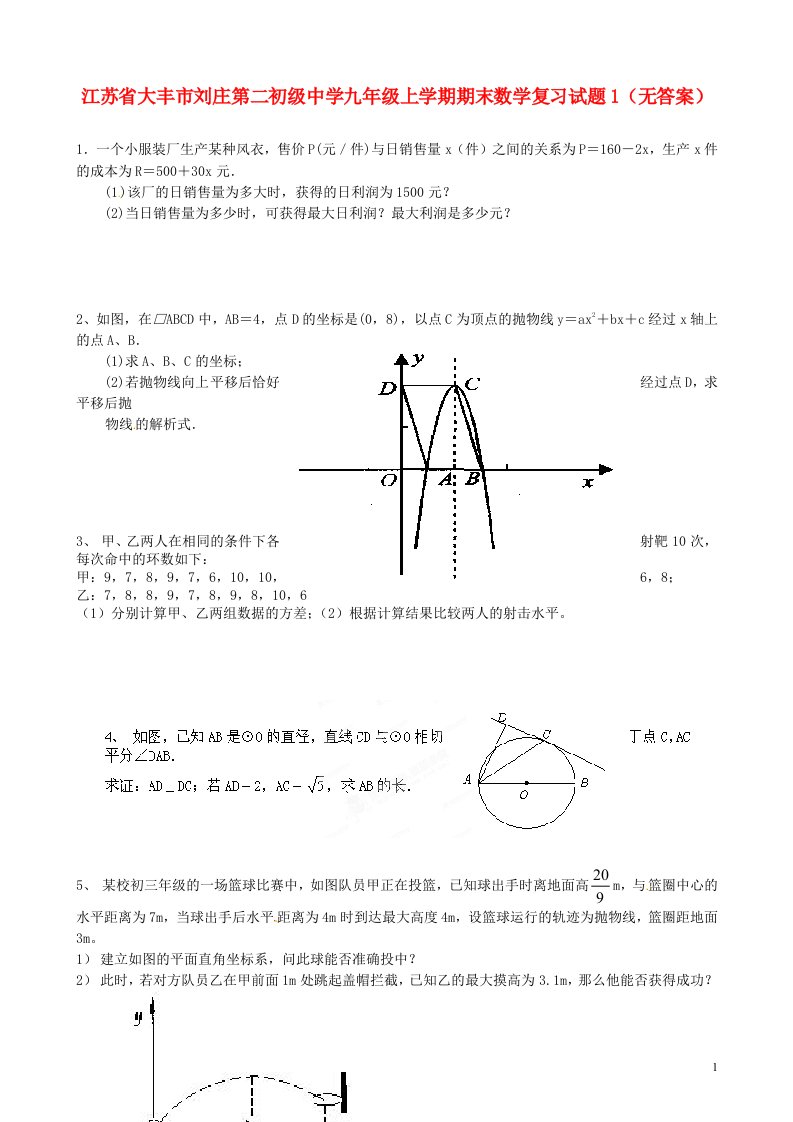 江苏省大丰市刘庄第二初级中学九级数学上学期期末复习试题1（无答案）