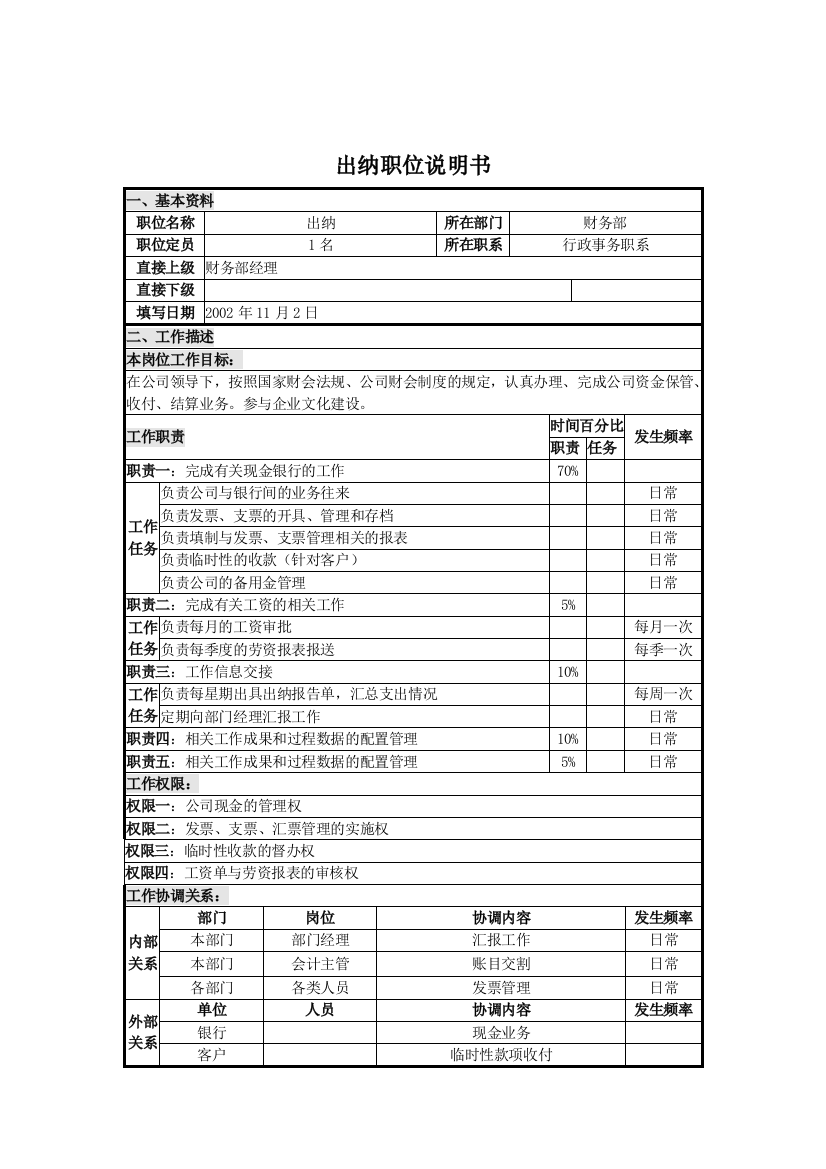 UNIDA信息产业公司财务部出纳职位说明书