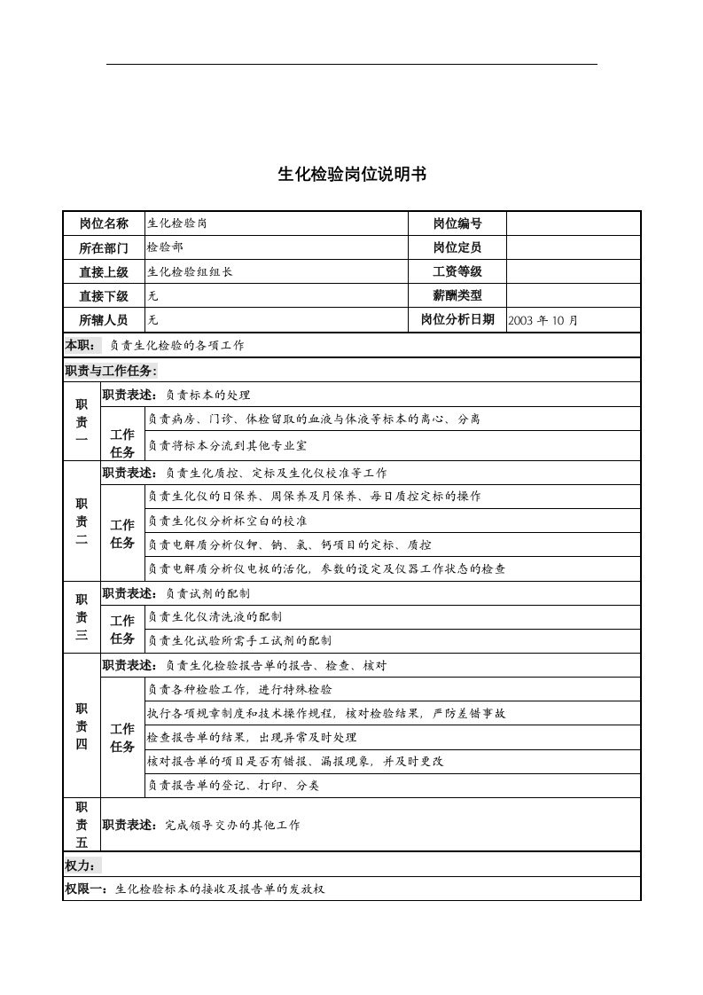 湖北新华医院检验部生化检验岗位说明书