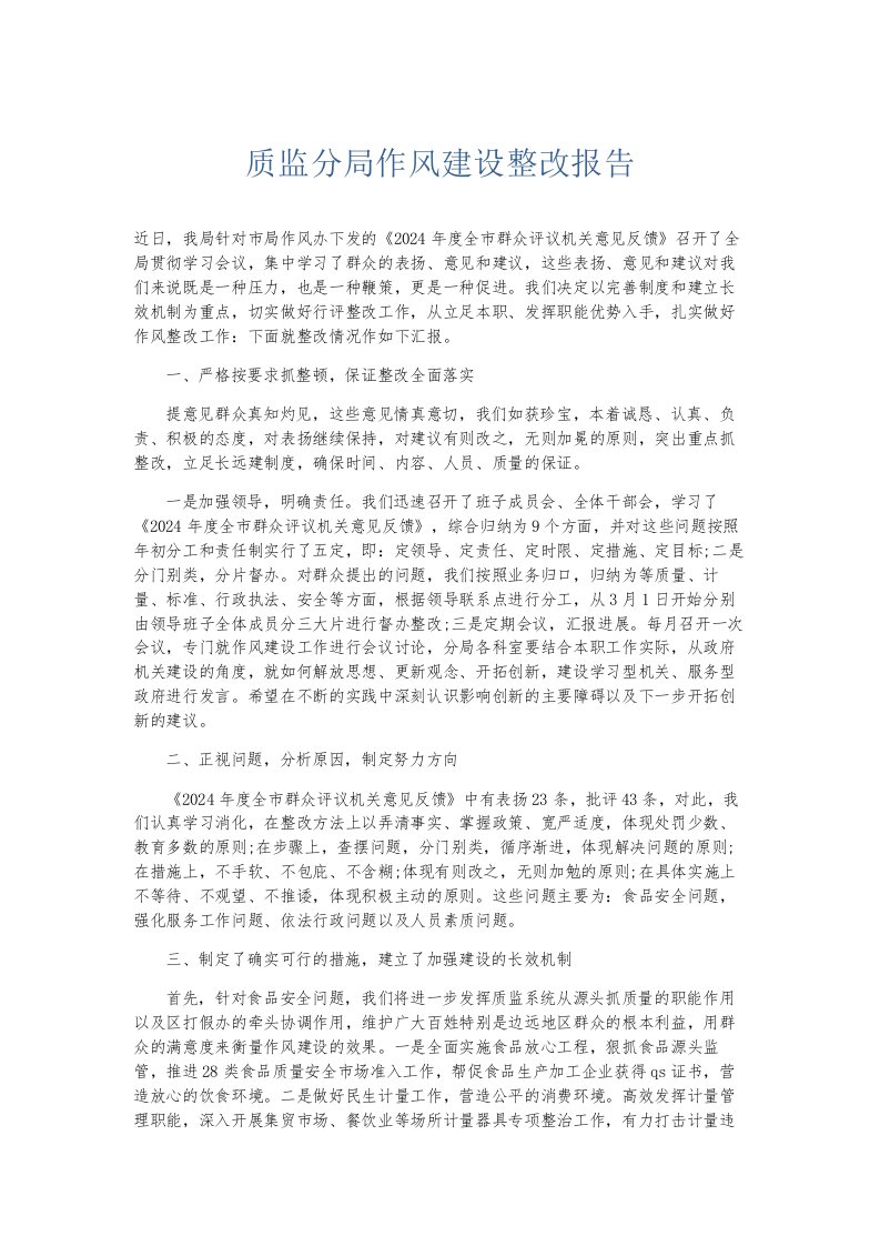 总结报告质监分局作风建设整改报告