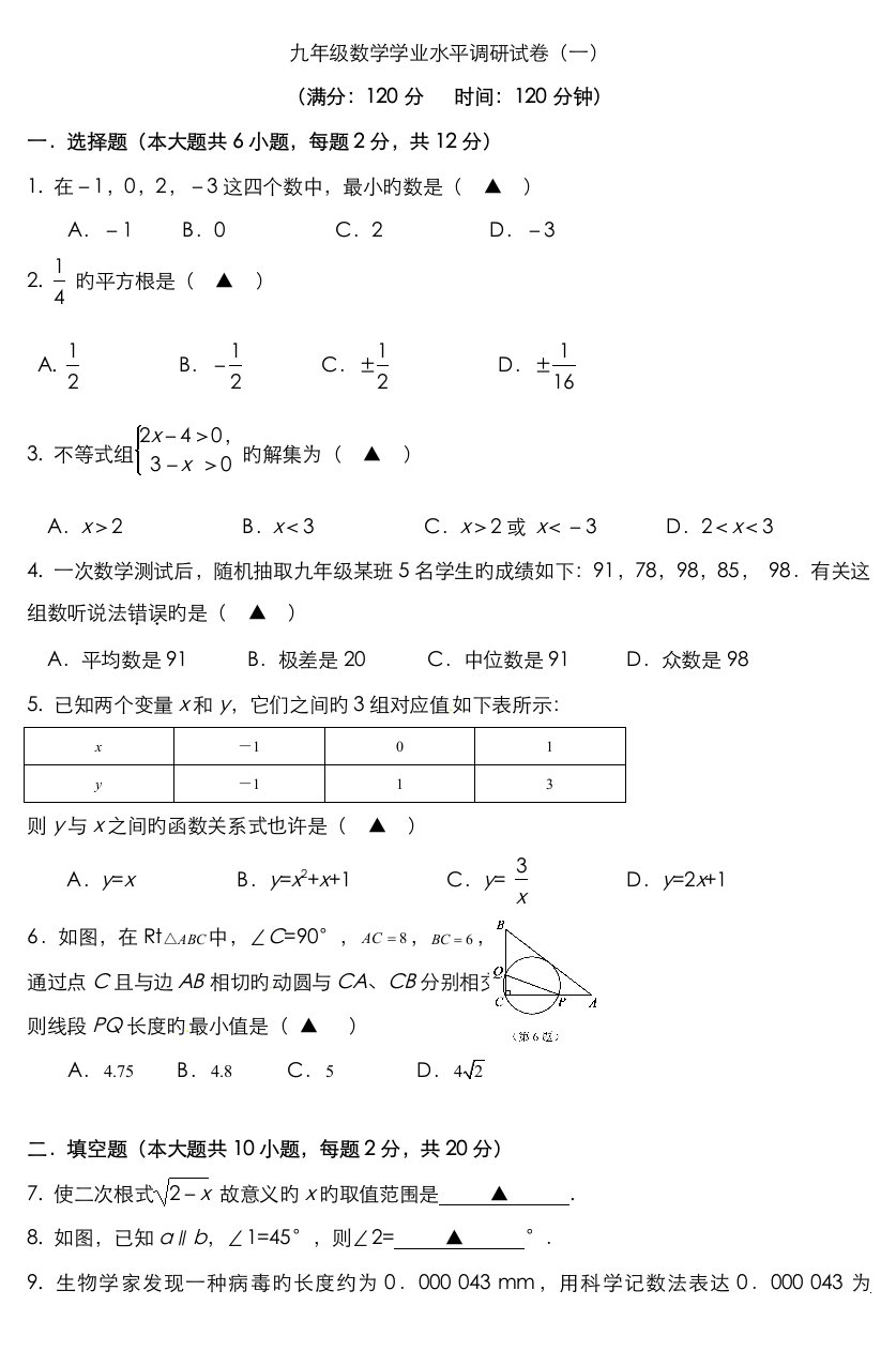 2023年九年级数学学业水平调研试卷