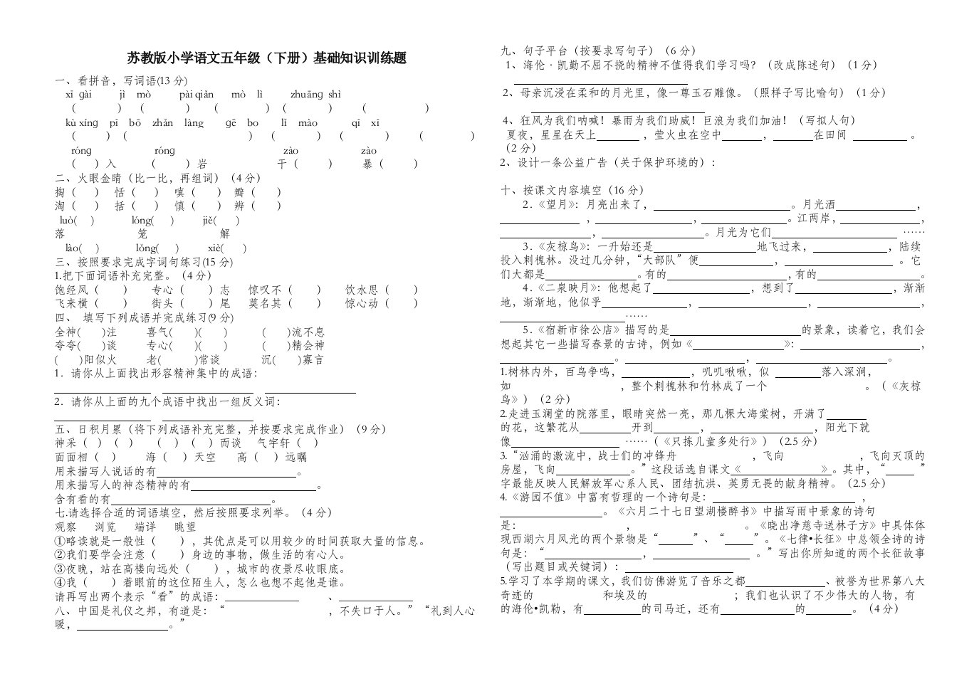 五年级下册语文基础知识训练题