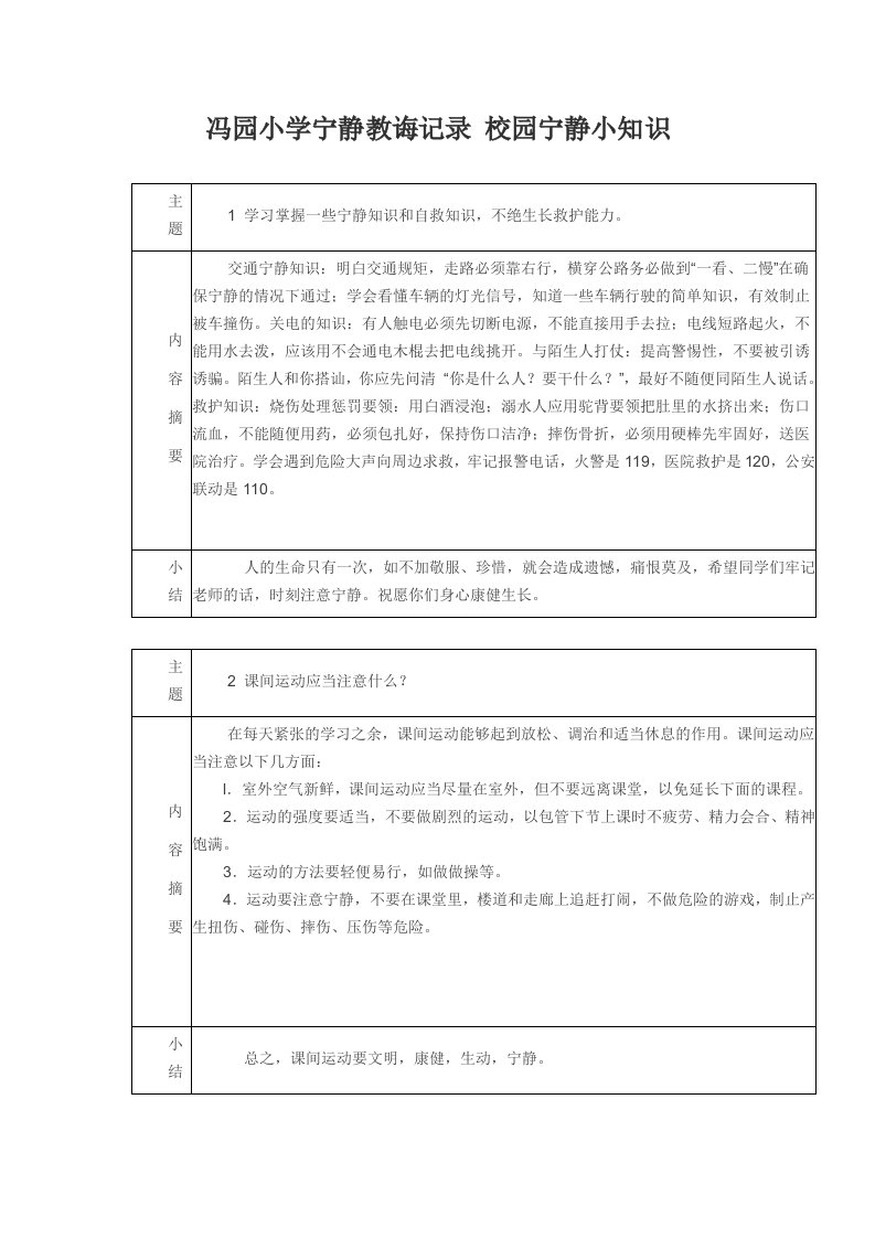 小学安全教育记录校园安全小常识