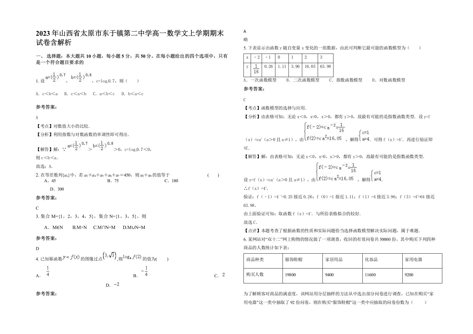 2023年山西省太原市东于镇第二中学高一数学文上学期期末试卷含解析