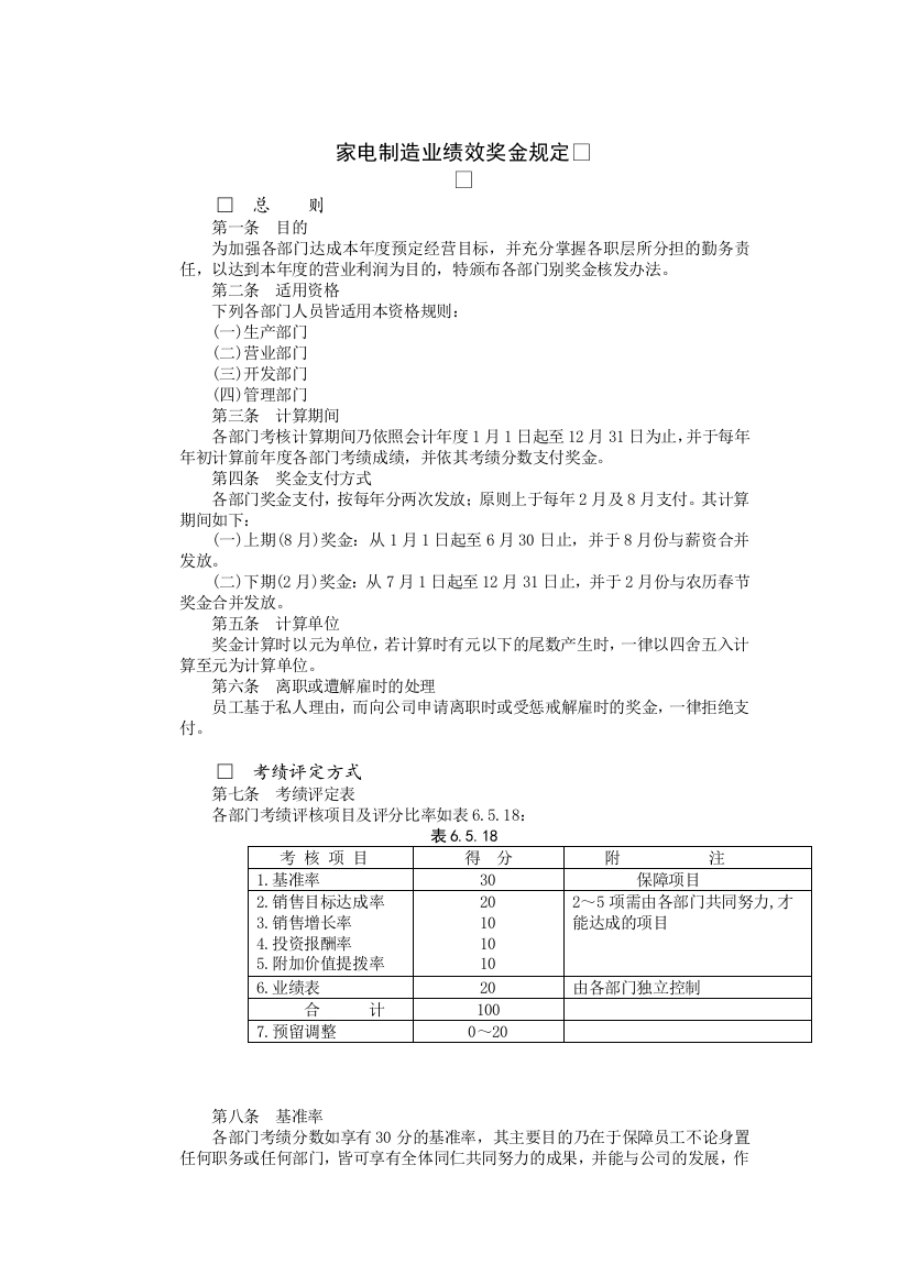 家电制造业绩效奖金规定1