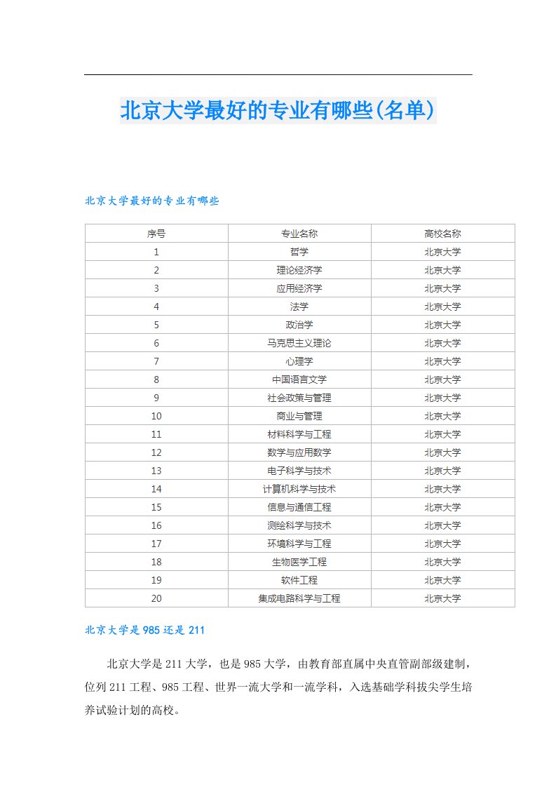 北京大学最好的专业有哪些(名单)