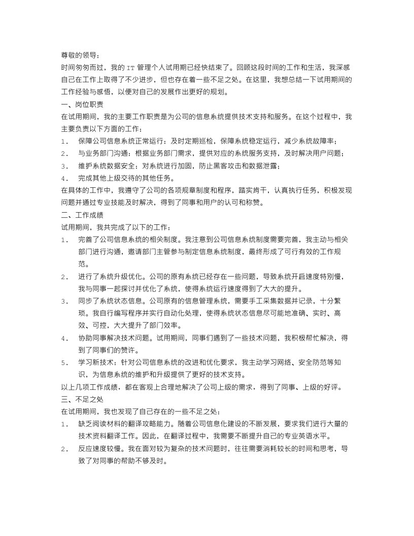 it管理个人试用期工作总结