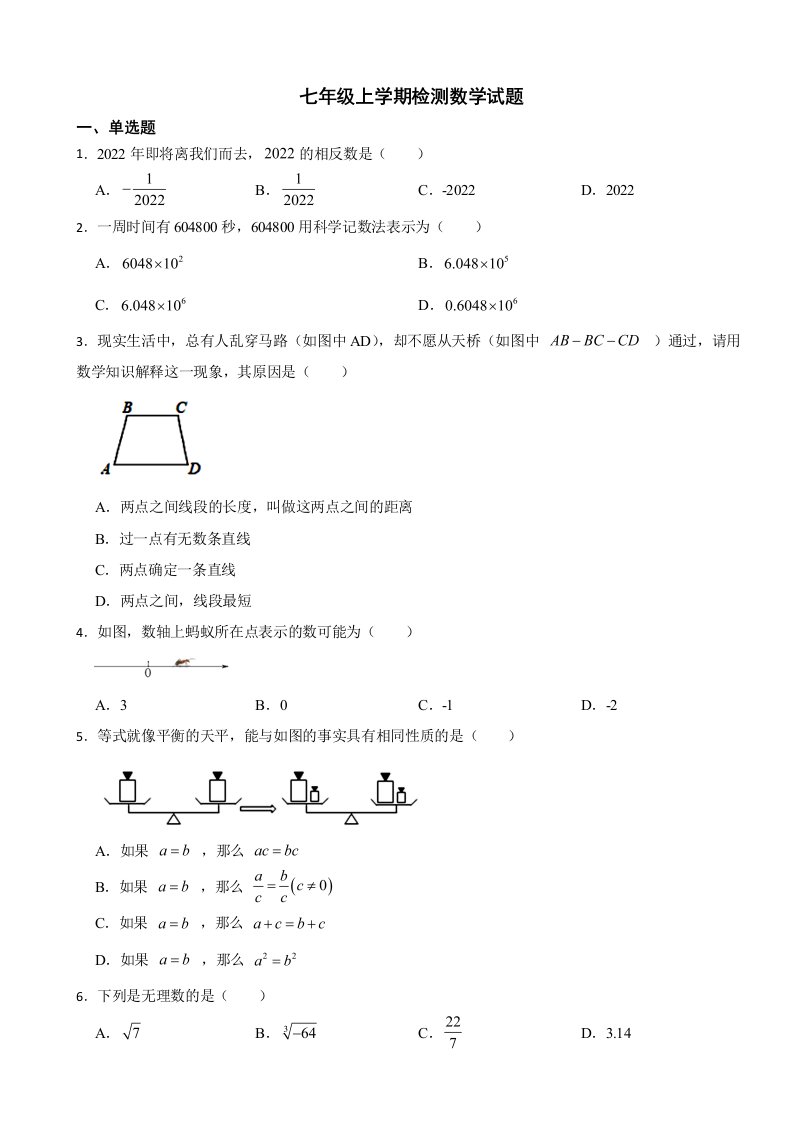 浙江省金华市2023年七年级上学期检测数学试题附答案