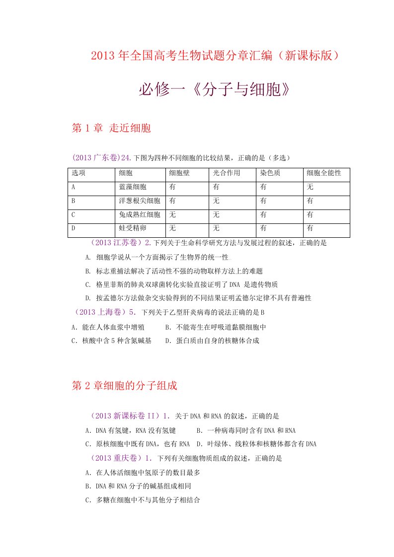 0必修1和必修2高考生物试题分章汇编(含全部15套试卷)