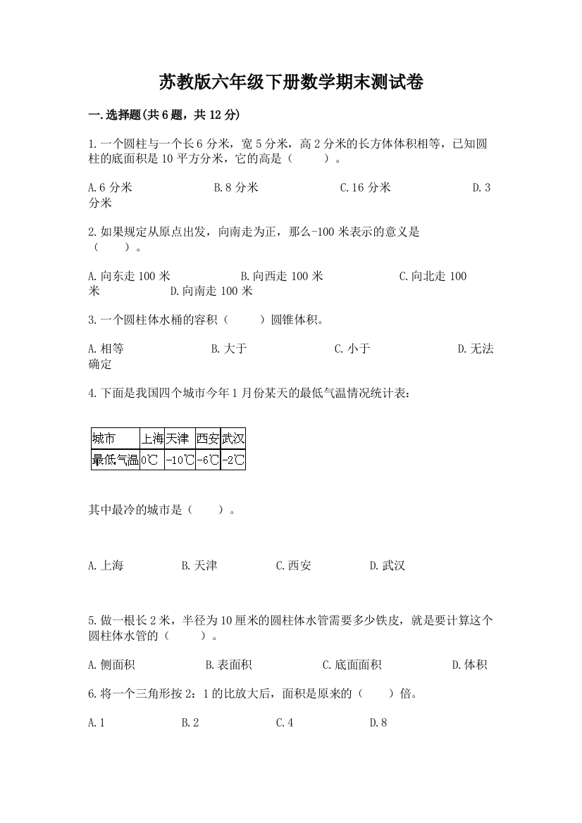 苏教版六年级下册数学期末测试卷精品【综合题】