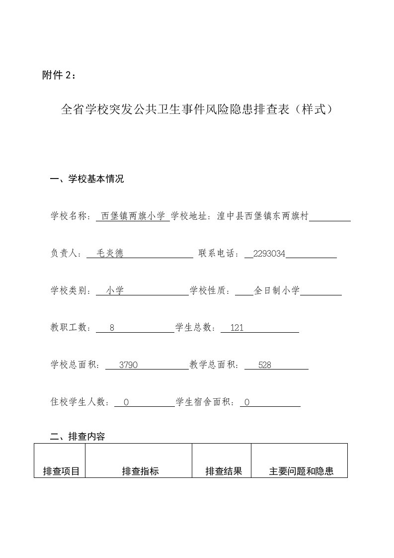 学校突发公共卫生事件风险隐患排查表