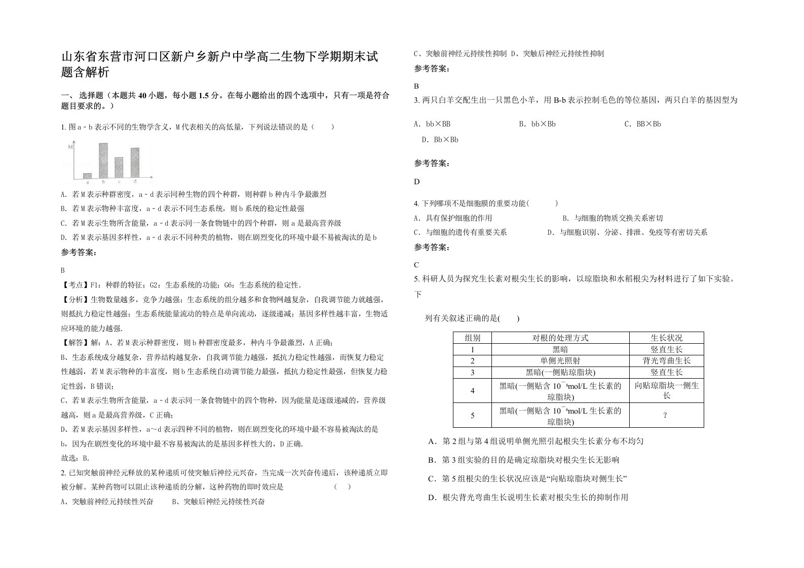 山东省东营市河口区新户乡新户中学高二生物下学期期末试题含解析