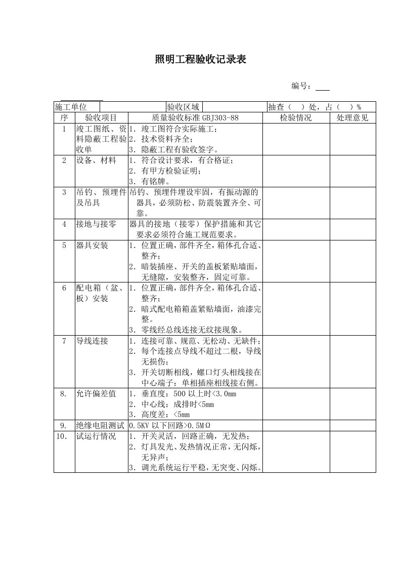 佳地热地板金意陶森活木：照明工程验收记录表