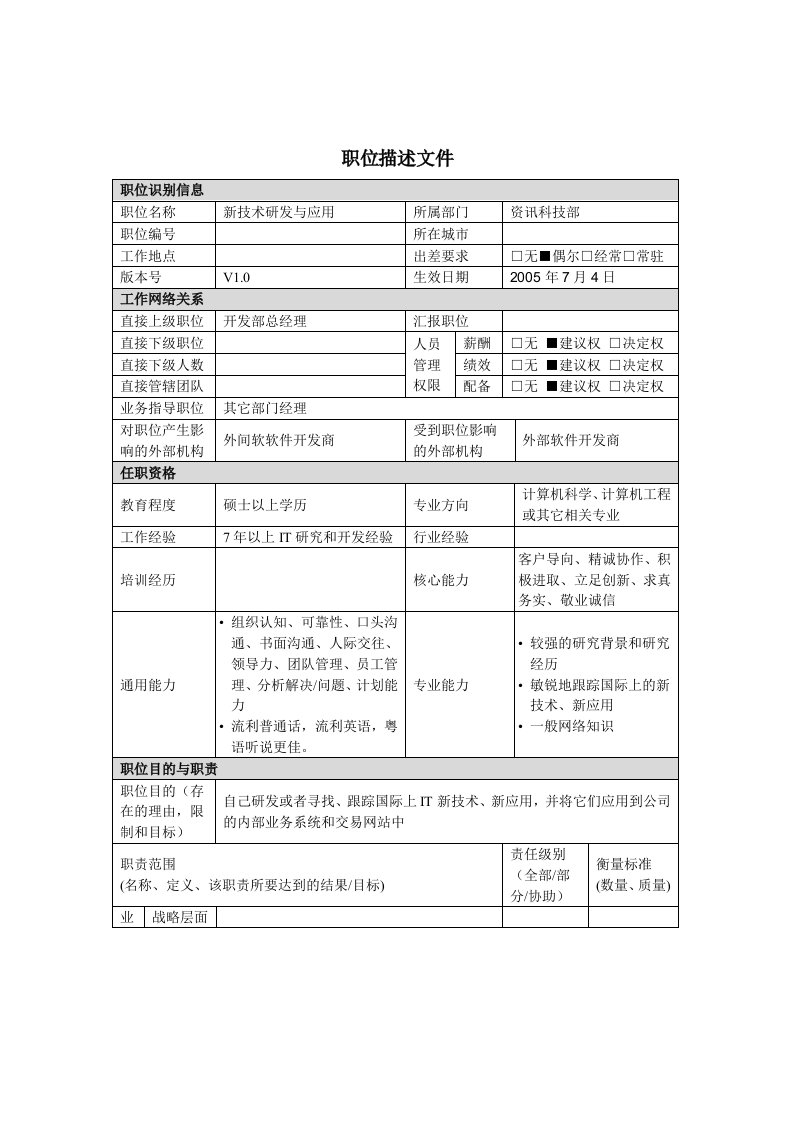 技术研发与应用岗位说明书