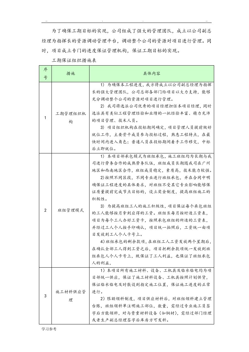 保证关键线路工期方案