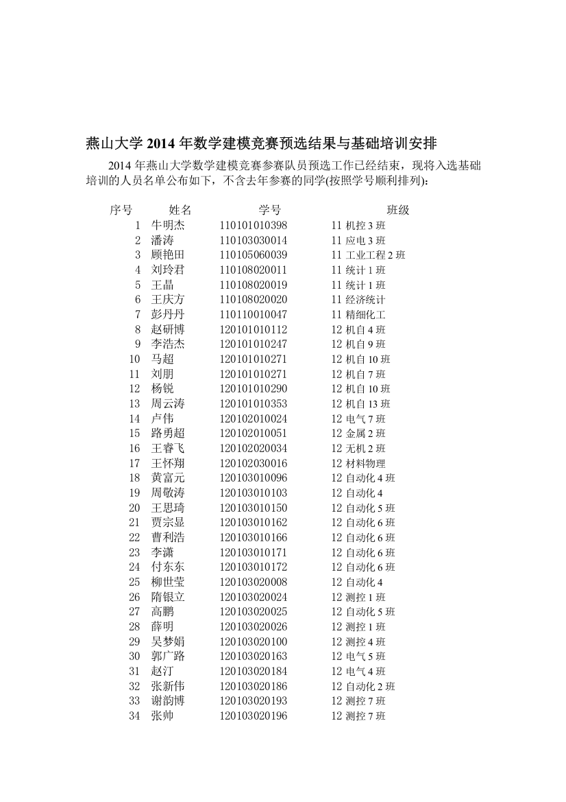 燕山大学2014年数学建模竞赛预选结果与基础培训安排