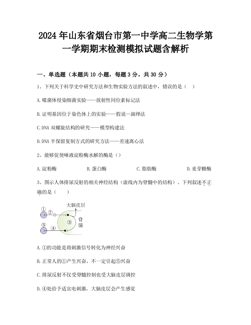 2024年山东省烟台市第一中学高二生物学第一学期期末检测模拟试题含解析