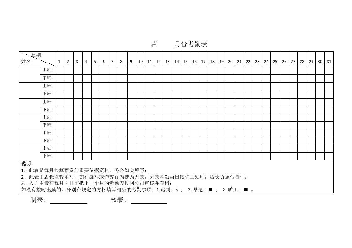 门店考勤表