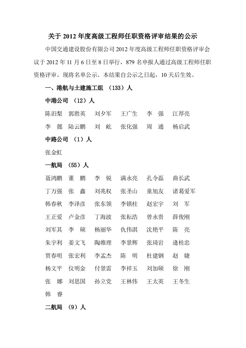 关于2012年度高级工程师任职资格评审结果的公示.doc