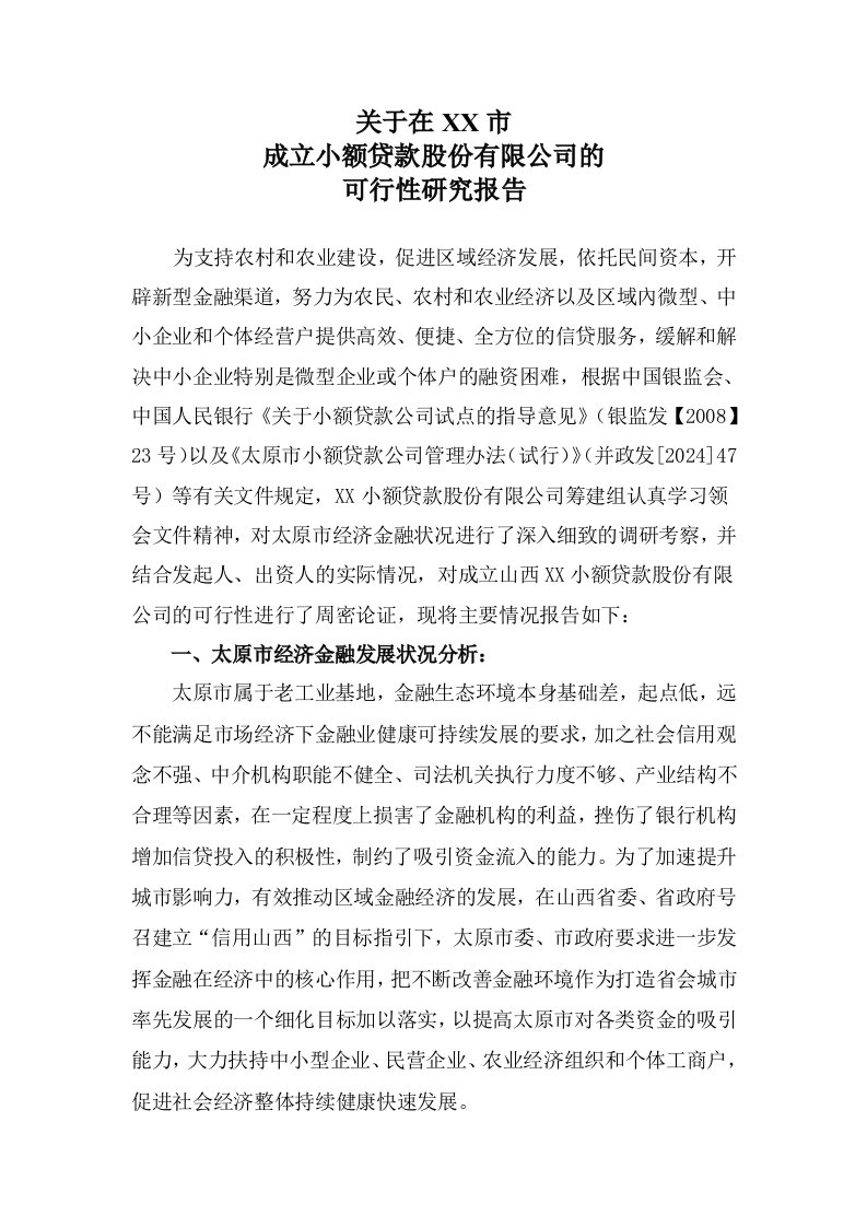 小额贷款公司可研报告