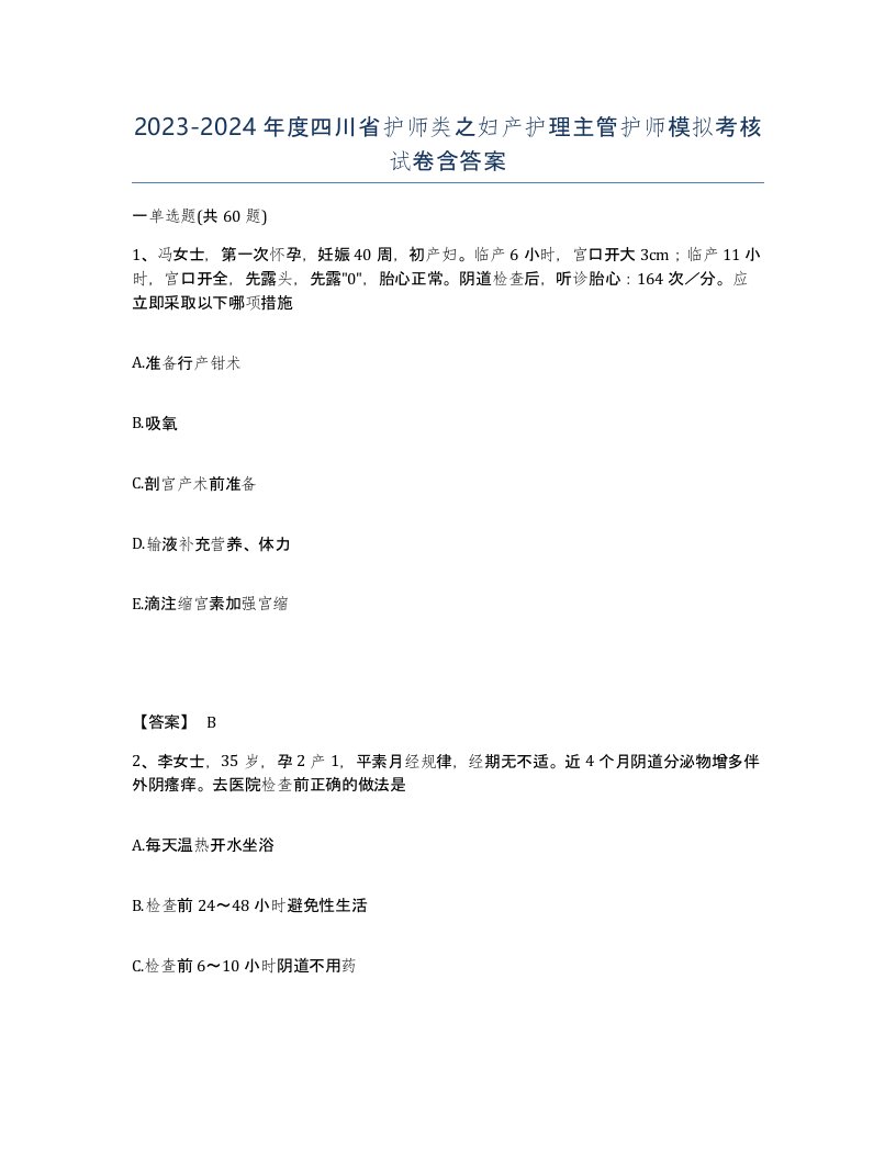 2023-2024年度四川省护师类之妇产护理主管护师模拟考核试卷含答案