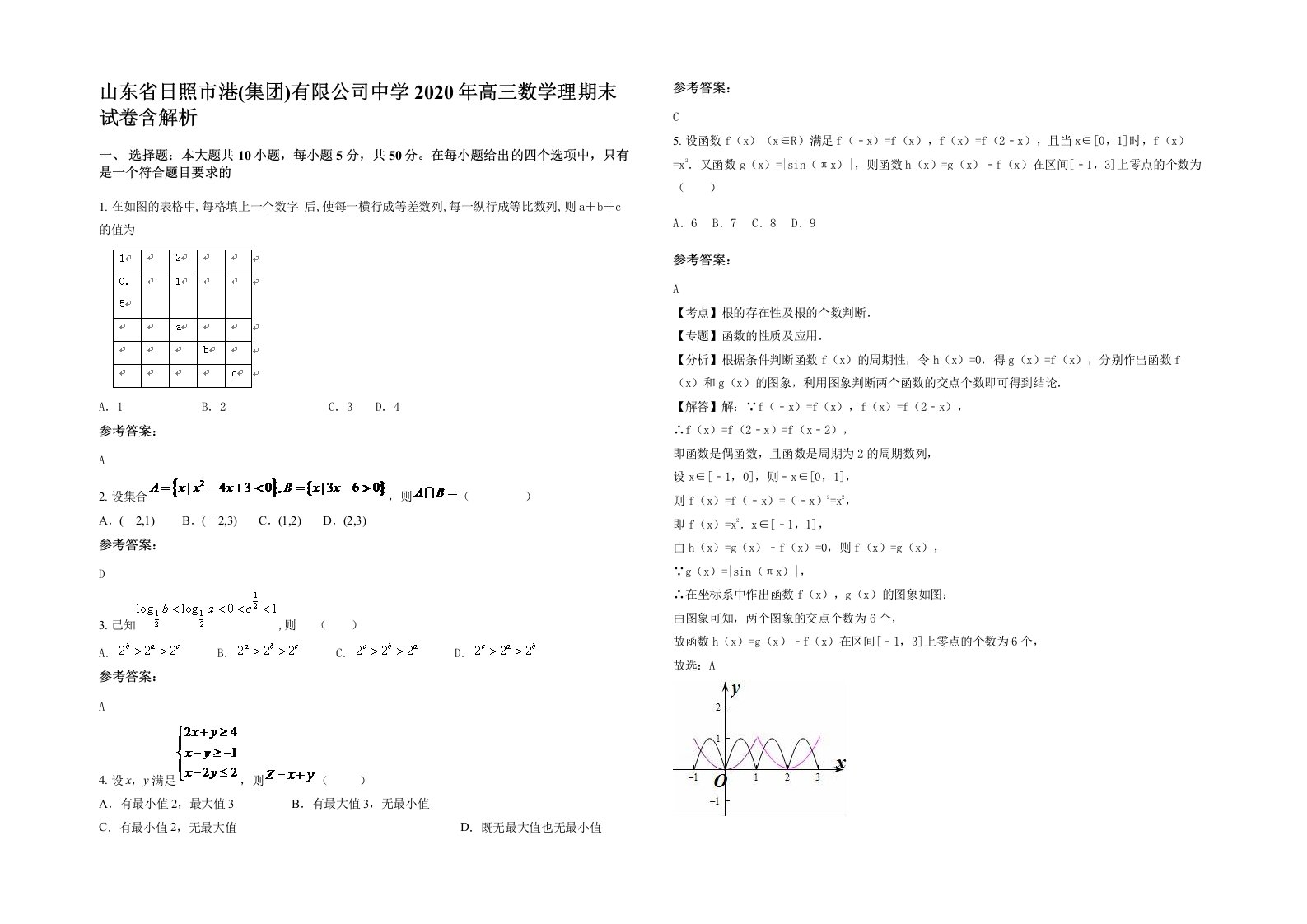 山东省日照市港集团有限公司中学2020年高三数学理期末试卷含解析