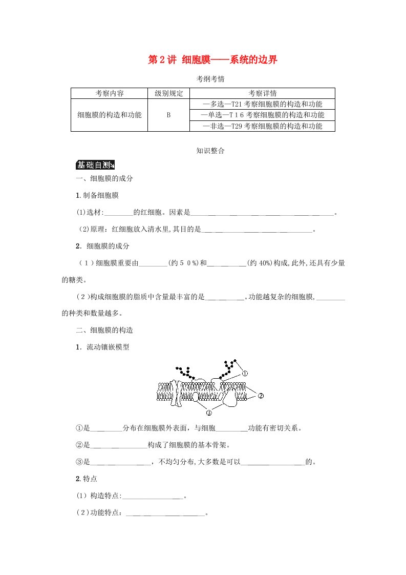 (江苏专用)高考生物一轮总复习-第2单元-细胞的基本结构-第2讲-细胞膜——系统的边界学案