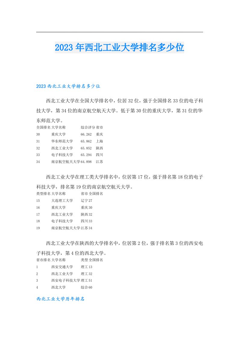 西北工业大学排名多少位