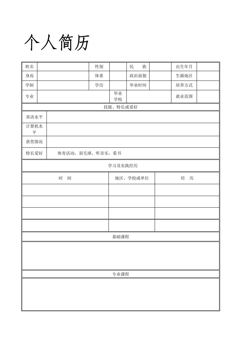 [整理版]卒业生小我简历空白表格