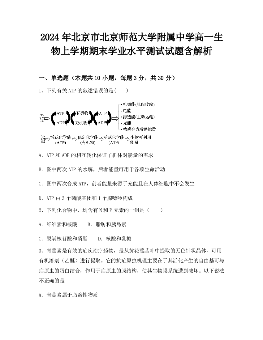 2024年北京市北京师范大学附属中学高一生物上学期期末学业水平测试试题含解析