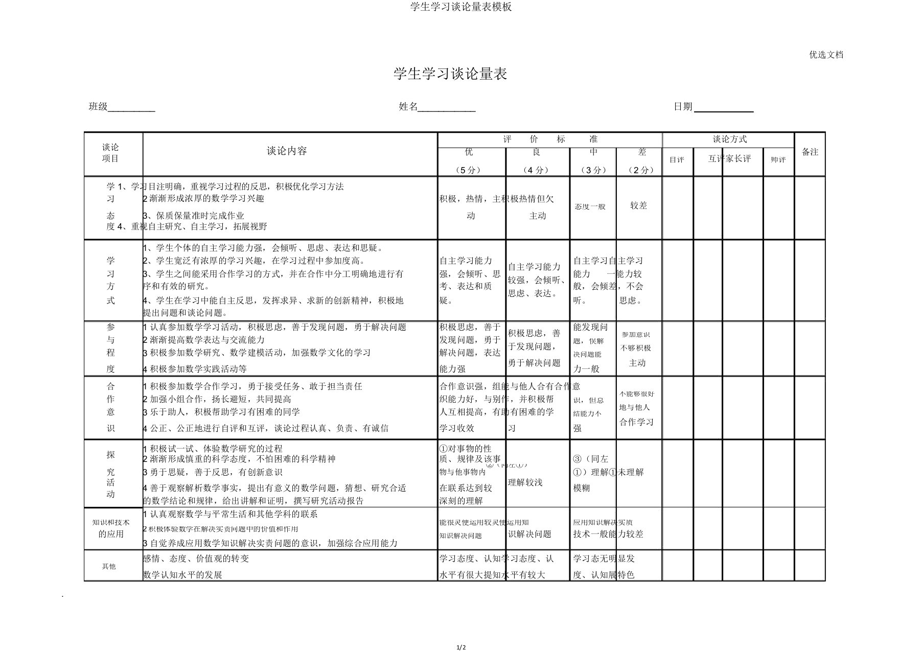 学生学习评价量表模板