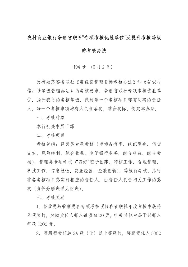 农村商业银行争创省联社专项考核优胜单位及提升考核等级的考核办法