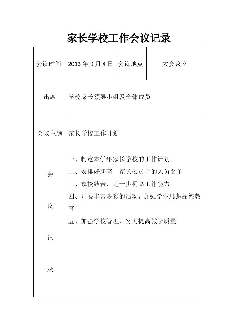 家长学校领导工作会议记录