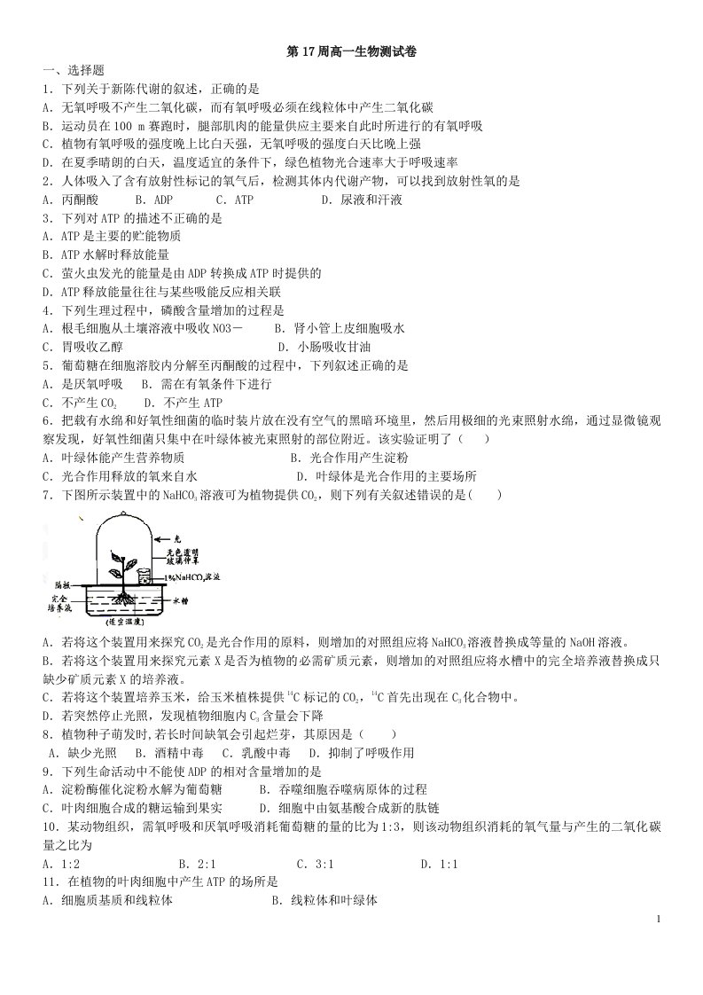 5新人教版高中生物必修一第五章细胞的能量供应和利用含答案