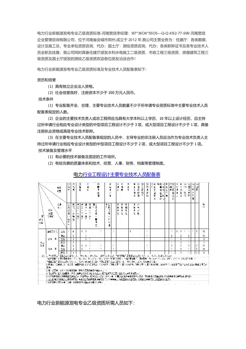 电力行业新能源发电专业乙级资质标准