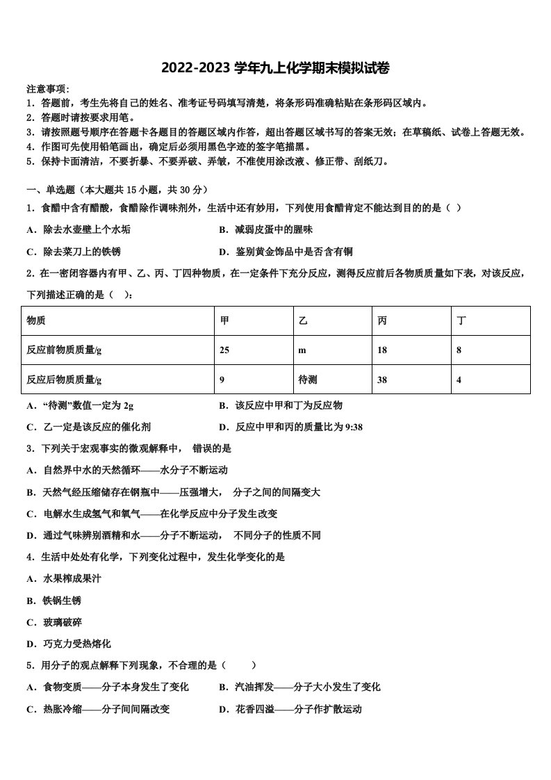 2022年湖南长沙明德旗舰化学九年级第一学期期末调研模拟试题含解析