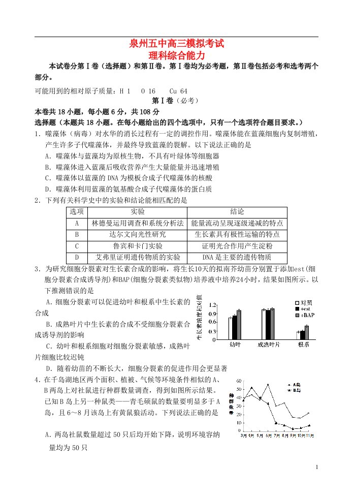 福建省泉州五中高三理综5月模拟考试试题