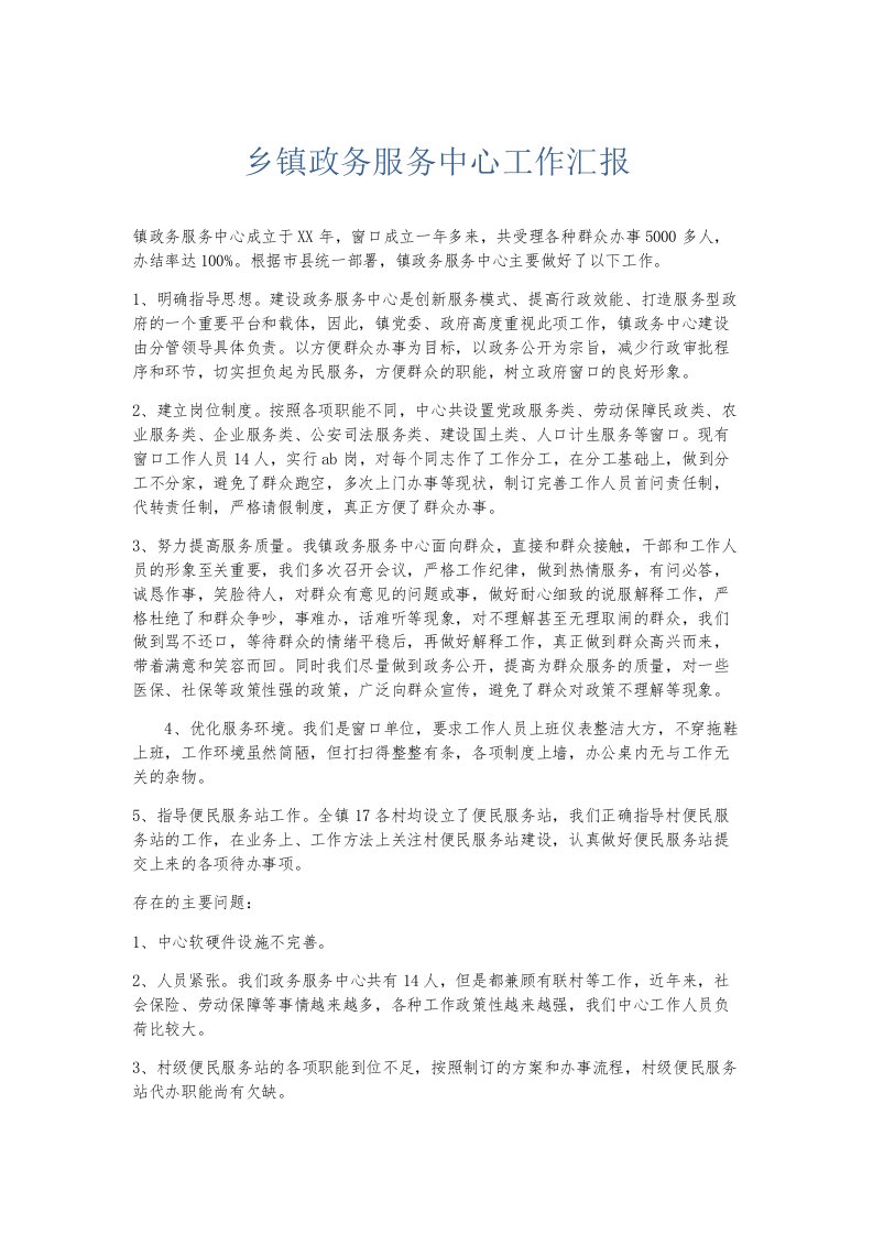 总结报告乡镇政务服务中心工作汇报