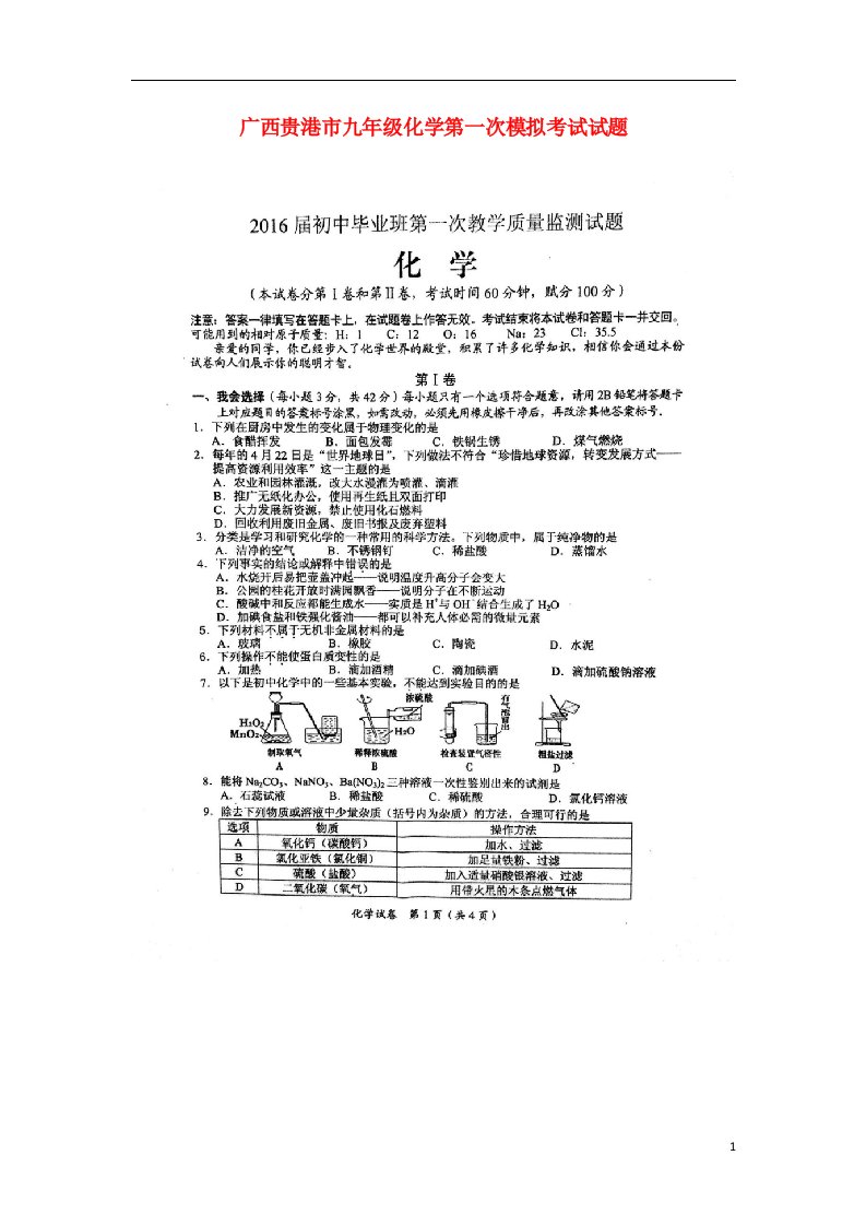 广西贵港市九级化学第一次模拟考试试题（扫描版）