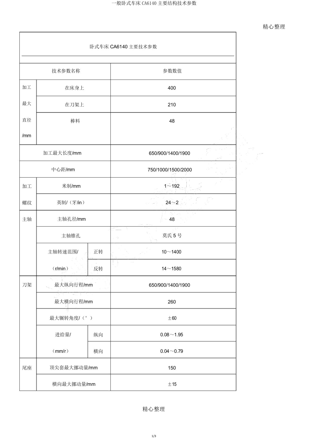 普通卧式车床CA6140主要结构技术参数