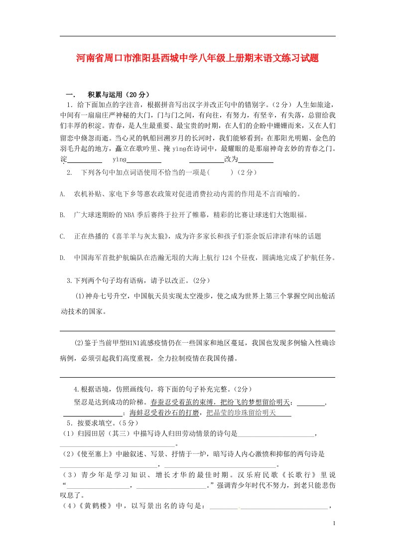 河南省周口市淮阳县西城中学八级语文上学期期末练习试题