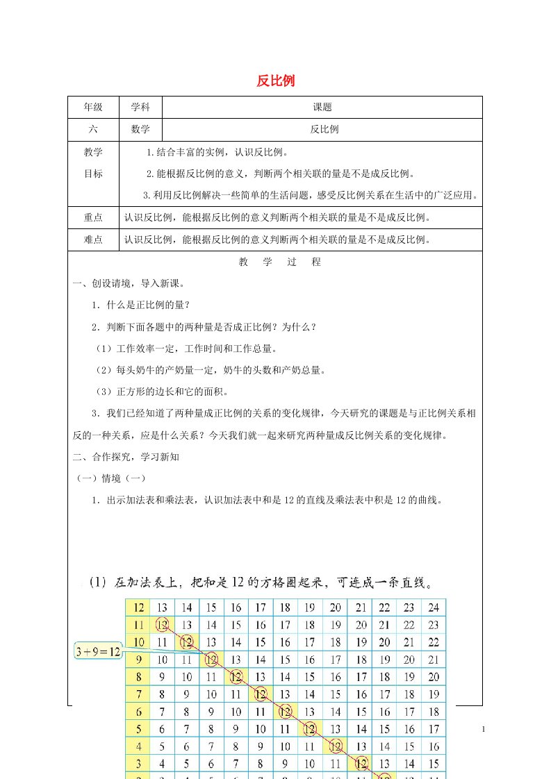 六年级数学下册反比例2教案北师大版