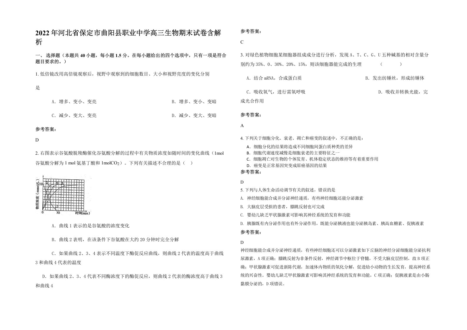 2022年河北省保定市曲阳县职业中学高三生物期末试卷含解析