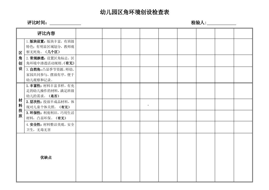 幼儿园区角环境创设检查表