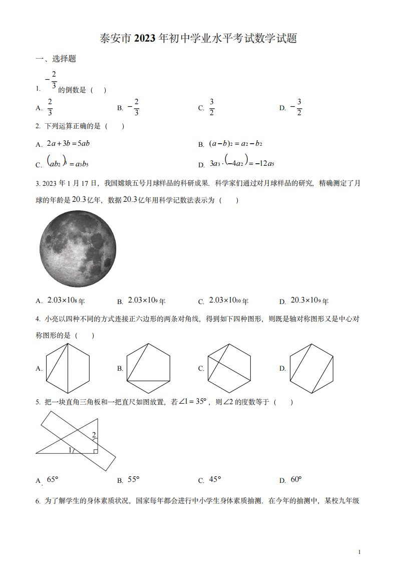 2023年山东省泰安市中考数学真题(原卷版)