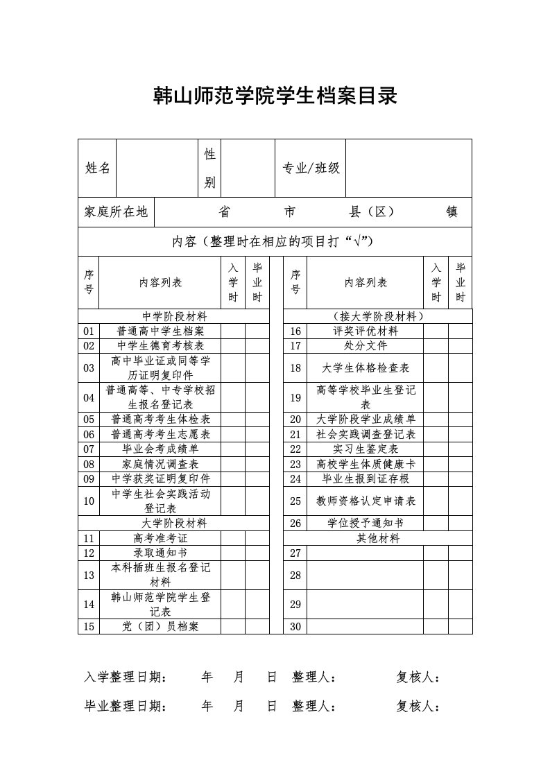 韩山师范学院学生档案目录